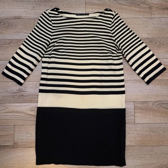 Zara Basic Ivory Black Dress Striped 3/4 Sleeve Sz Small Shift SheathExcellent - Picture 1 of 7